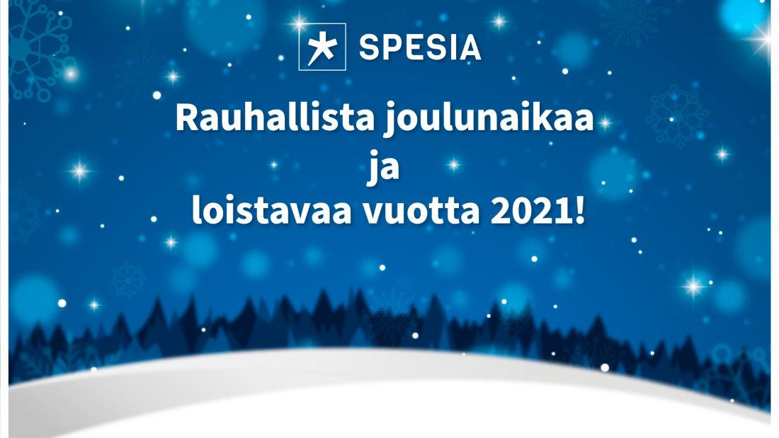 Piirros talvisesta metsämaisemasta, jossa tähtitaivaalla lukee hyvän joulun toivotus.