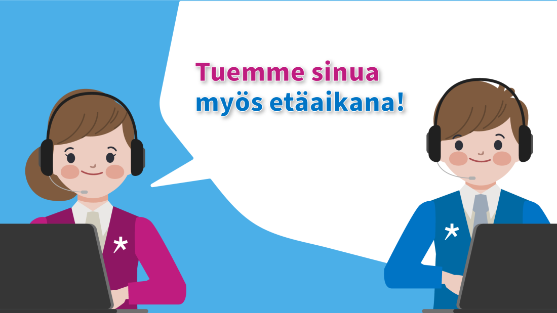 Piirroshahmo tietokoneen äärellä luurit korvilla sanoo: Tuemme sinua myös etäaikana!