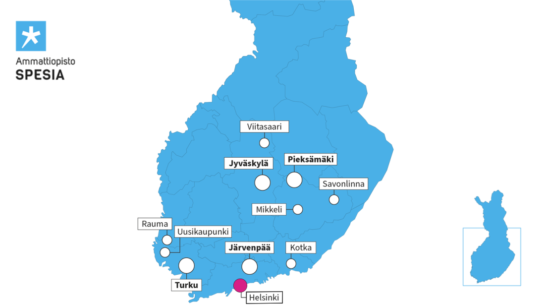 Suomen kartalla kaikki spesian toimipaikat, Helsinki korostettuna.