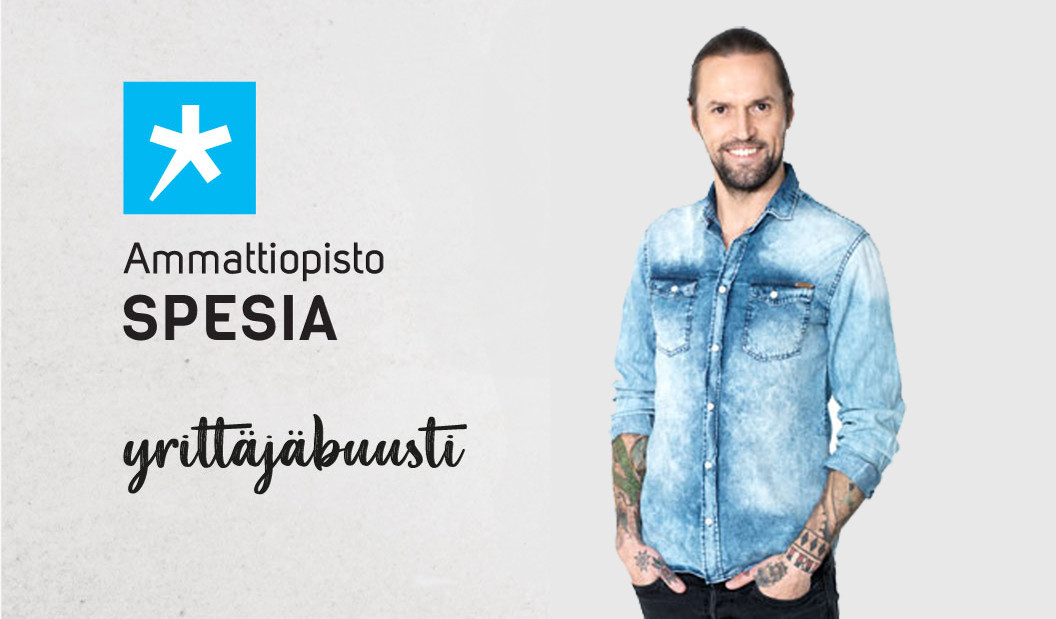 Tapahtumakuvassa HP Parviainen ja teksti: Ammattiopisto Spesia, yrittäjäbuusti.