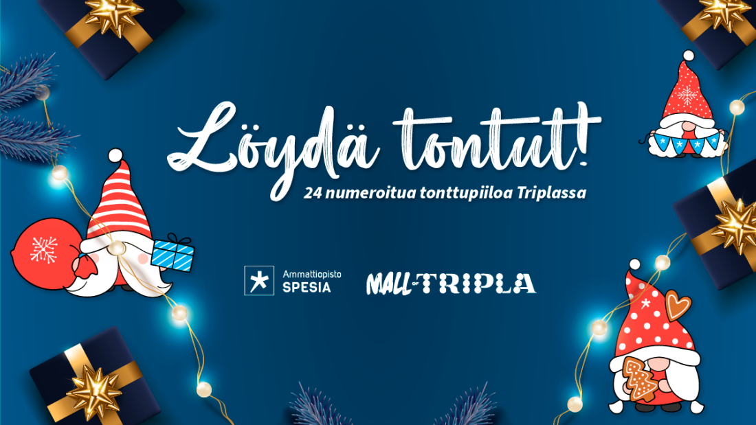 Tonttuprojektin kansikuva, jossa piirrettyjä tonttuja ja teksti "Löydä tontut" ja Spesian ja Mall of Triplan logot.
