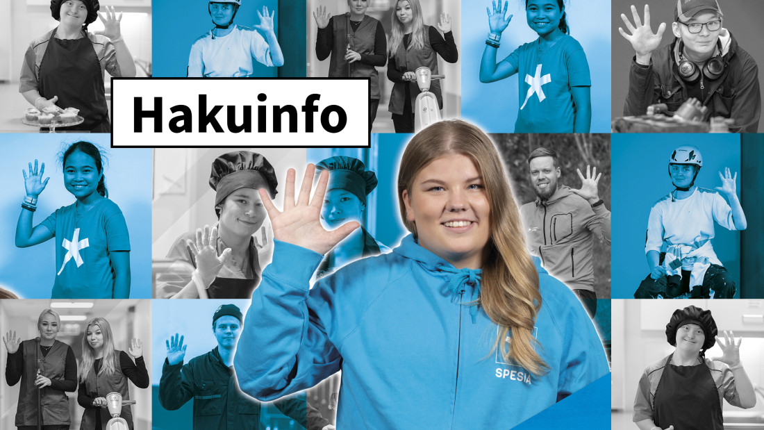 Mustavalkokuvista ja sinisävyisistä kuvista tehty kuvakollaasi Spesian opiskelijoista sekä teksti "Hakuinfo".