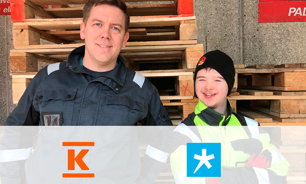 Aikuinen ja nuori seisovat kuormalavojen edessä työvaatteissa ja katsovat kameraan, alaosassa Citymarketin ja Spesian logot yhteistyön merkiksi.