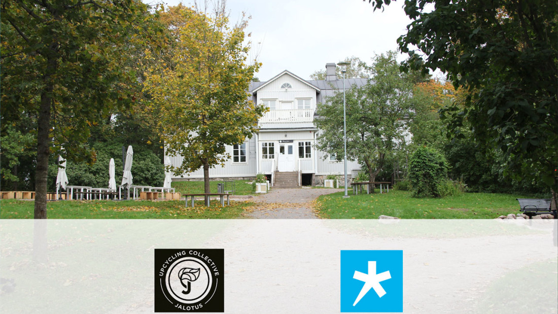 Valkoinen kartano syksyisessä puistomaisemassa, etualalla Jalotuksen ja Spesian logot.