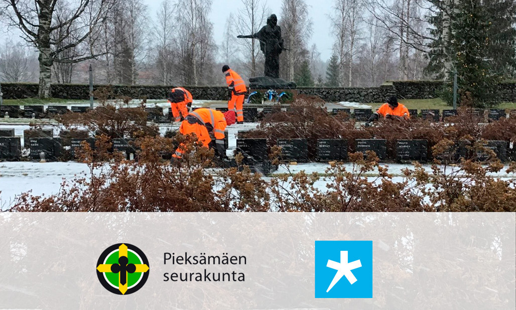 Opiskelijoita työskentelemässä ulkona oransseissa työvaatteissa, alaosassa Pieksämäen seurakunnan ja Spesian logot yhteistyön merkiksi.