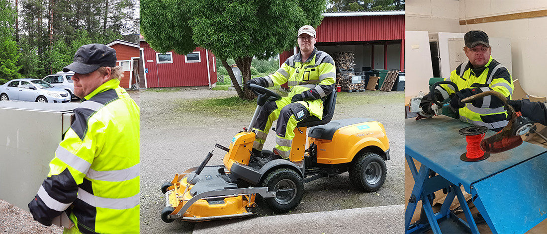 Kolmen kuvan kollaasi, jossa kaksi nuorta miestä tekee kiinteistöalan töitä, päällä keltaiset huomiovaatteet.