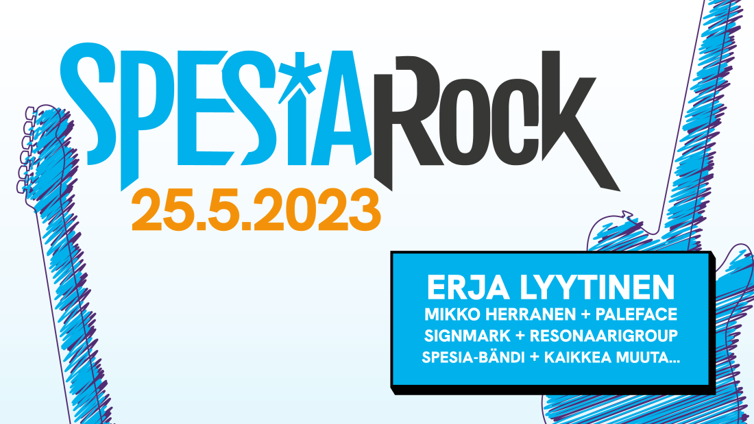 SpesiaRock-tapahtuman tunnuskuva, jossa tapahtuman nimi, päivämäärä, esiintyjät ja kaksi piirrettyä kitaraa.