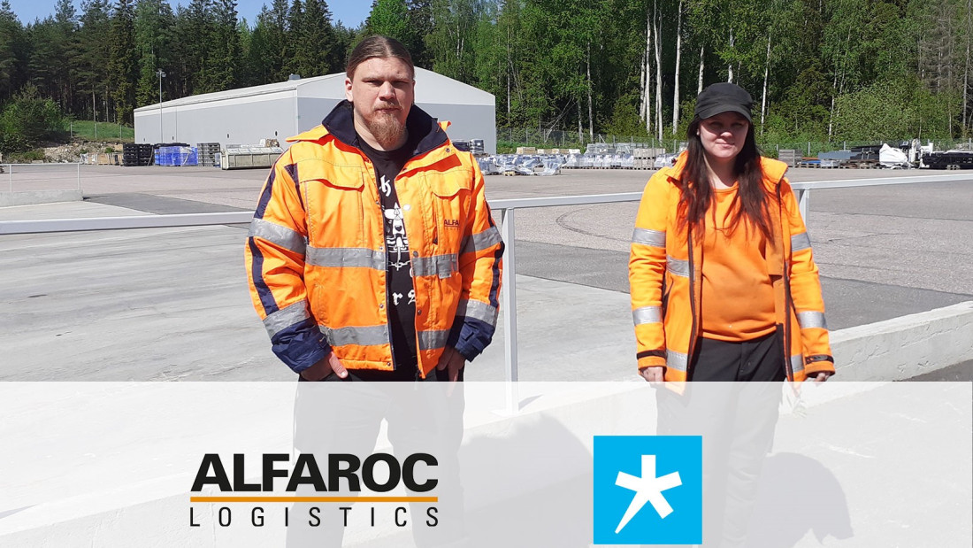 Oranssiin työasuun pukeutunet mies ja nainen, alareunassa Alfarocin ja Spesian logot.