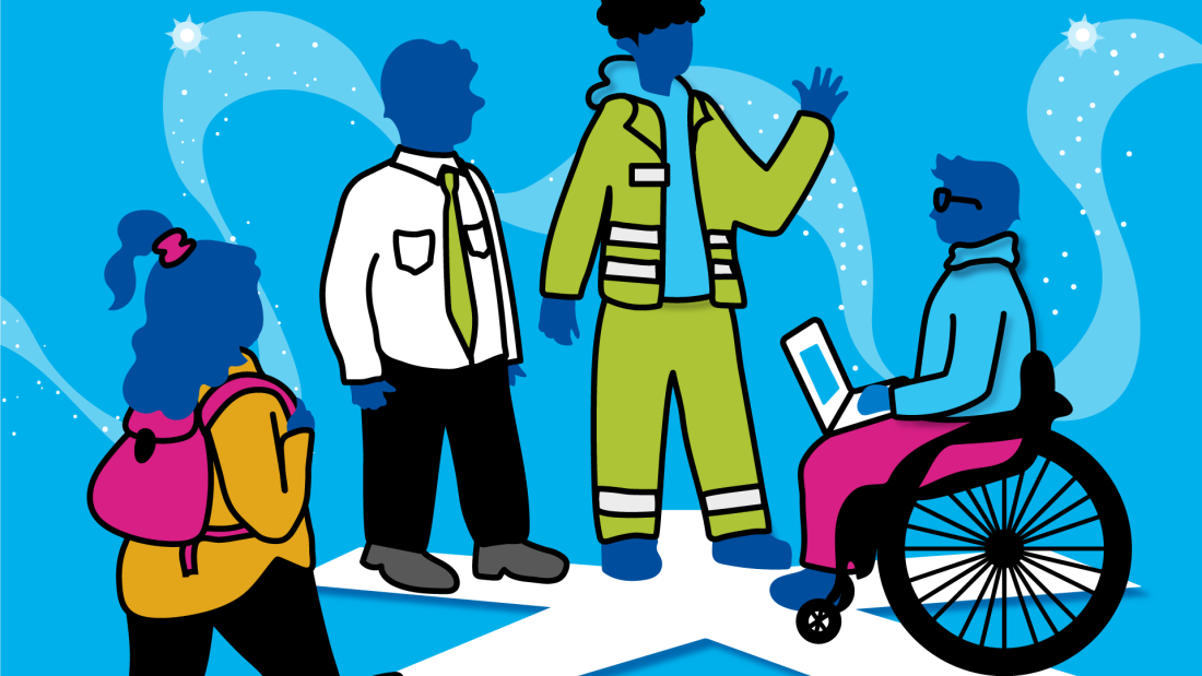 Piirroksessa sinisellä taustalla haalaripukuinen poika moikkaa kolmea muuta henkilöä.