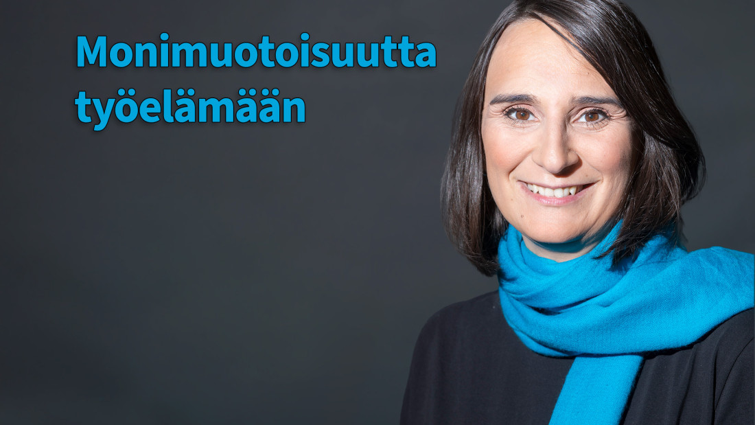 Linda Helseniuksen kuva, tumma tausta, kuvassa teksti Monimuotoisuutta työelämään