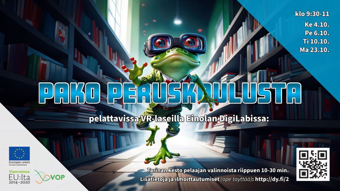 Pako peruskoulusta -hankkeen mainos, jossa sammakko juoksee kirjaston käytävillä vr-lasit päässä.