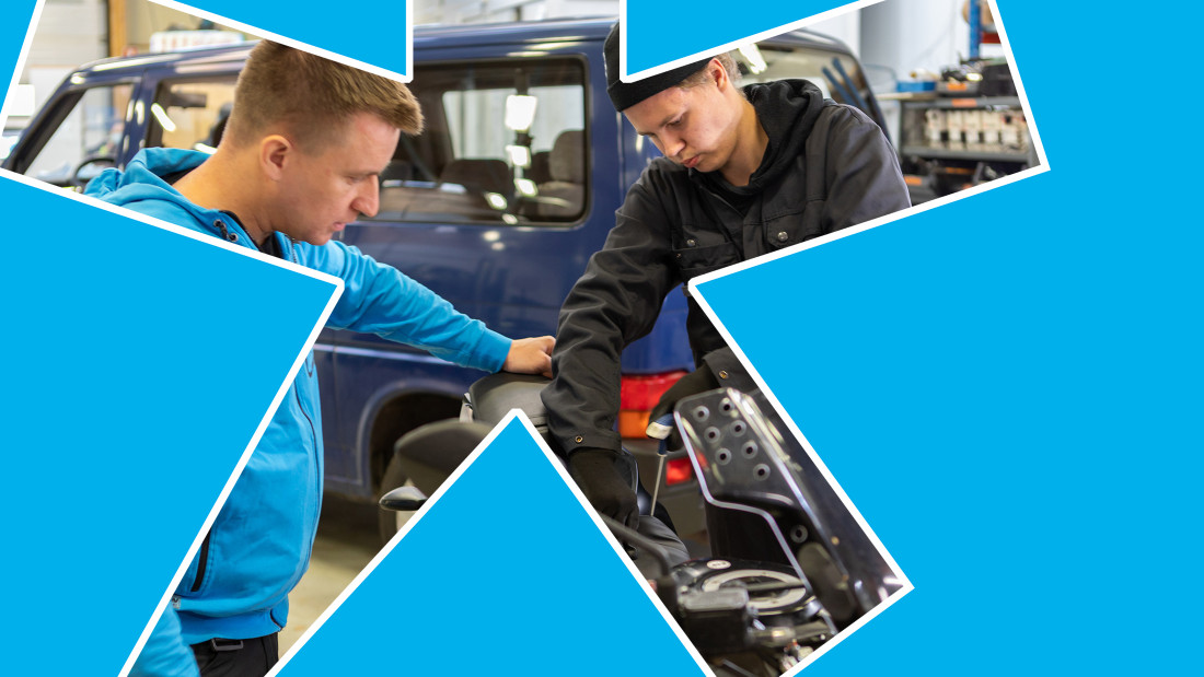 Sinisessä taustassa Spesian tähden muotoinen aukko, josta näkyy opiskelija, joka korjaa moottoripyörää sekä Spesian huppariin pukeutunut aikuinen, joka seuraa vierestä.