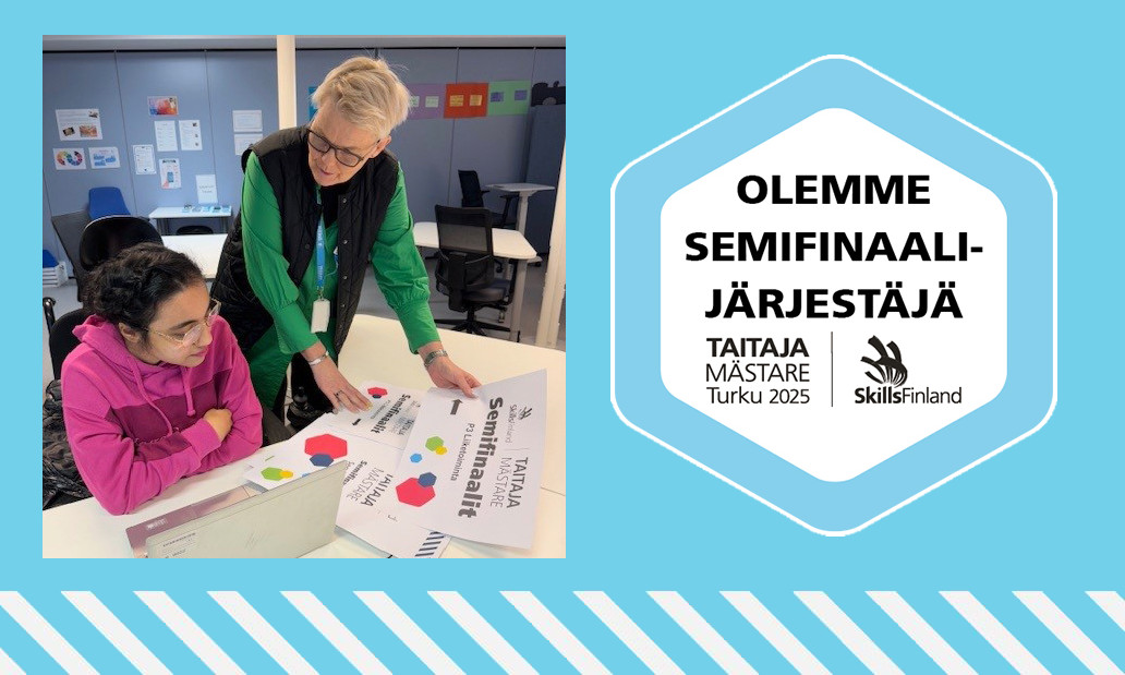 Sinitaustainen kuva, jossa kuusikulmainen Taitaja2025-semien järjestäjän tunnus sekä valokuva, jossa kaksi henkilöä katselee Taitaja-julisteita.