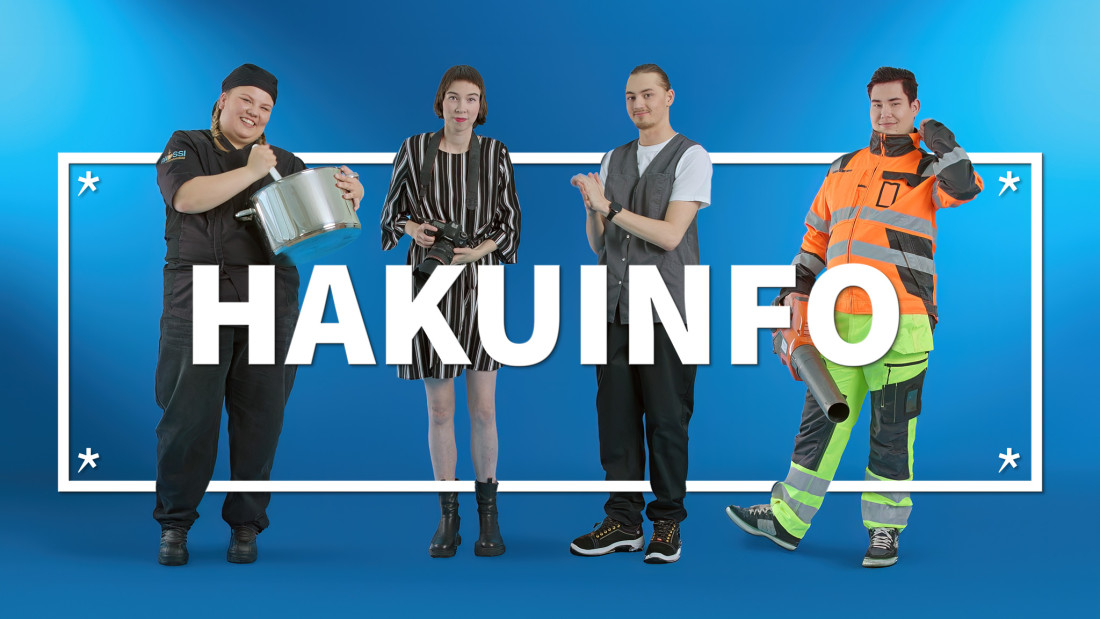 ¤ opiskelijaa tyävaatteissaan katsoo rivissä kohti kameraa ja päällä teksti: Hakuinfo