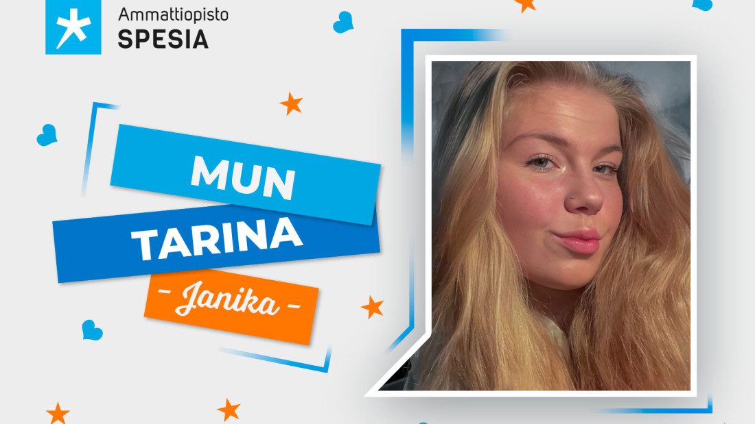 Teksti "Mun tarina, Janika" ja vieressä Janikan kuva.