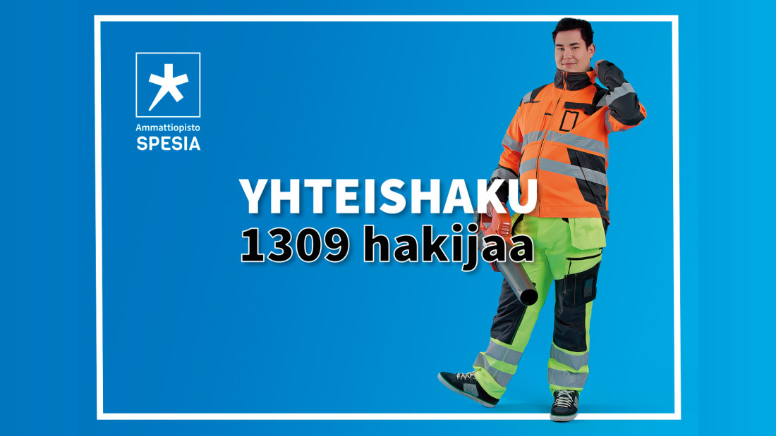 Nuori mies huomiovärisissä työvaatteissa, sininen tausta ja teksti "Yhteishakus, 1309 hakijaa".