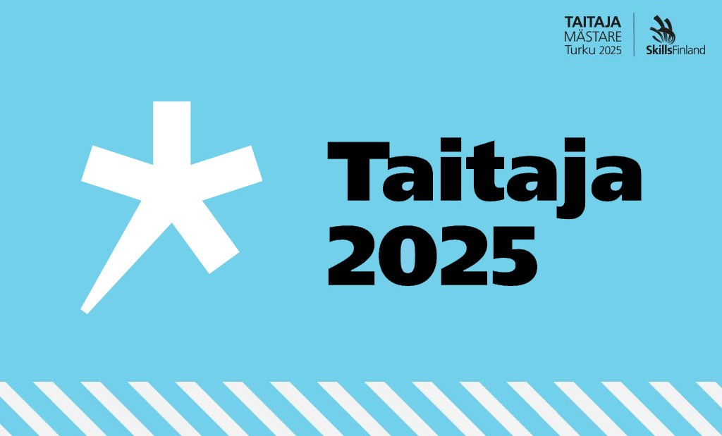 Teksti Taitaja2025 sinisellä Taitaja-teeman pohjalla, iso Spesain tähti ja Skills ja Taitaja-Mästare logo.