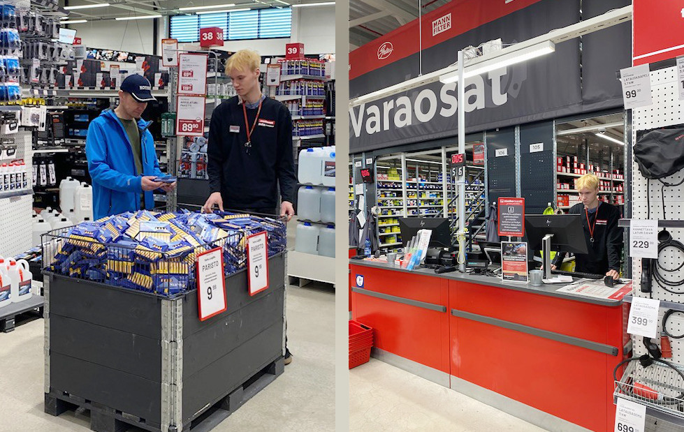 Kaksi kuvaa rautakaupasta yhdistettynä: toisessa nuori mies palvelee asiakasta myymälässä ja toisessa hän seisoo varaosatiskin takana.
