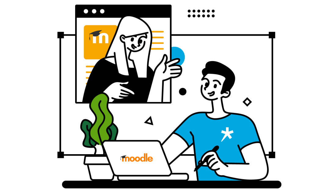 Graafinen kuva, jossa mies istuu tietokoneella, päällään Spesian paita, tietokoneessa Moodlen logo. Kuvassa näkyy erikseen tietokoneen ikkuna, jossa nainen vilkuttaa.