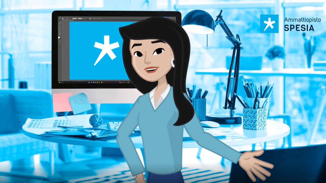 Sinisävyisessä piirroksessa tummahiuksinen nainen puhuu, taustalla on työpöytä ja näytöllä Spesian logo.