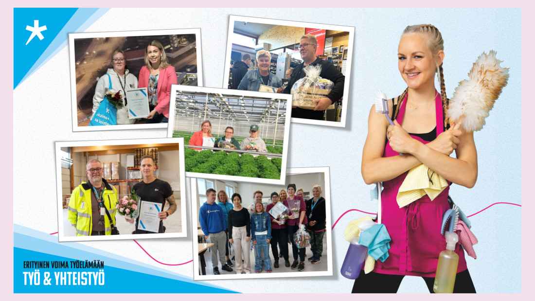 Auri Kananen siivousvälineiden kanssa sekä vieressä viiden valokuvan kollaasi, jossa Spesian ihmisiä palkittujen työelämän edustajien kanssa.