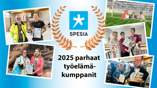 Teksti "2025 parhaat työelämäkumppanit", Spesian logo kultaseppeleessä ja 5 kuva palkintojen antamisesta yritysten edustajille.