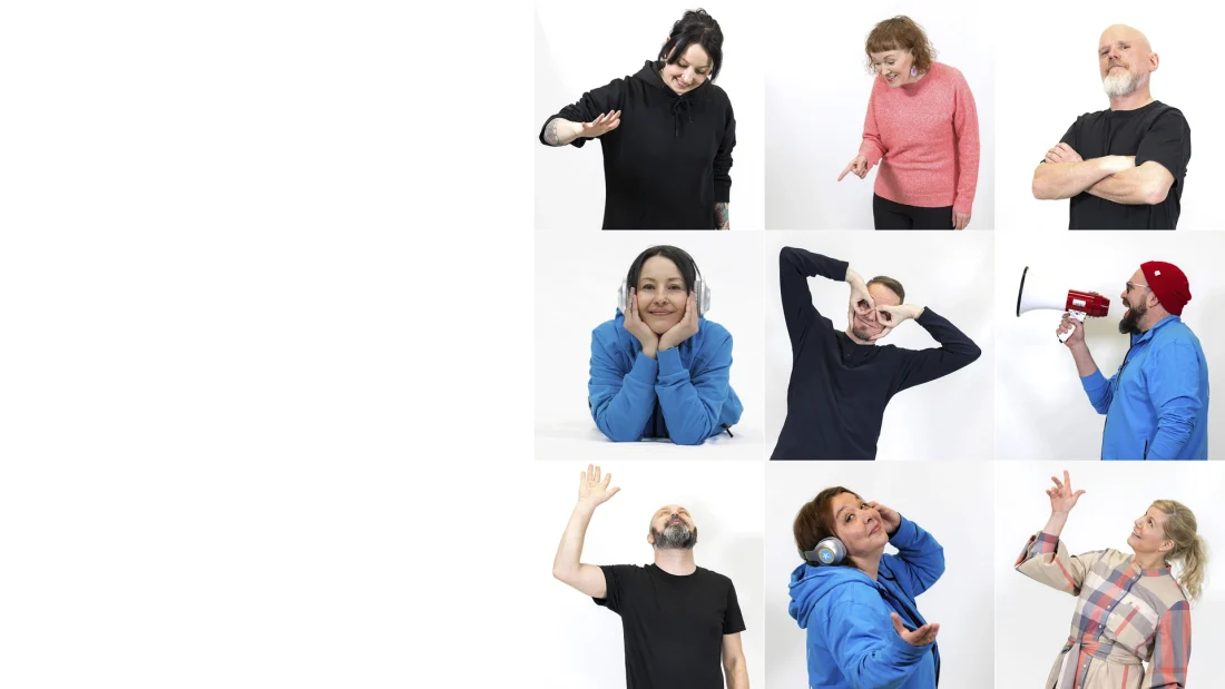 Kuvakollaasi, jossa yhdeksän ihmistä eri ruuduissa, osalla Spesian vaate päällä.