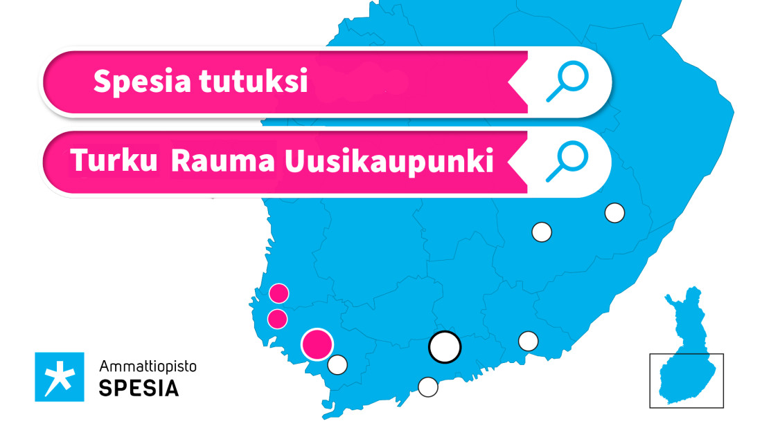 Turku, Uusikaupunki ja Rauma merkattu Suomen kartalle sekä tekstinä tapahtuman otsikko "Spesia tutuksi Turku Rauma Uusikaupunki".