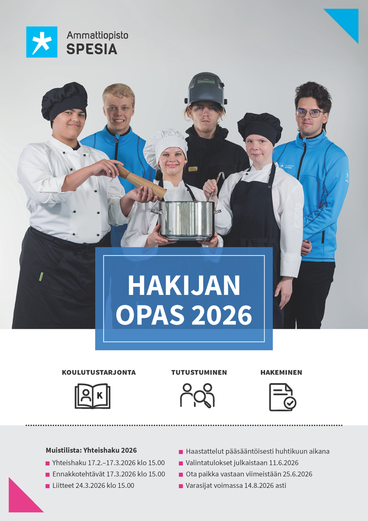 Hakijan oppaan kannessa on ryhmä eri alojen opiskelijoita, alapuolella lukee koulutustarjonta, tutustuminen ja hakeminen.