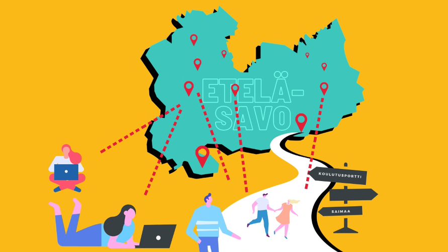 Piirroksessa Etelä-savon kartta jossa paikkamerkkejä.