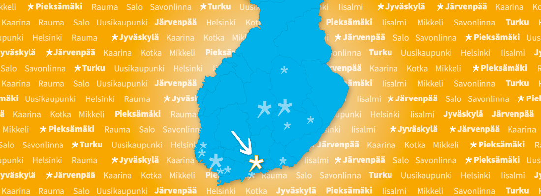Järvenpää korostettu Suomen kartalla, jossa kaikki Spesian toimipaikat.