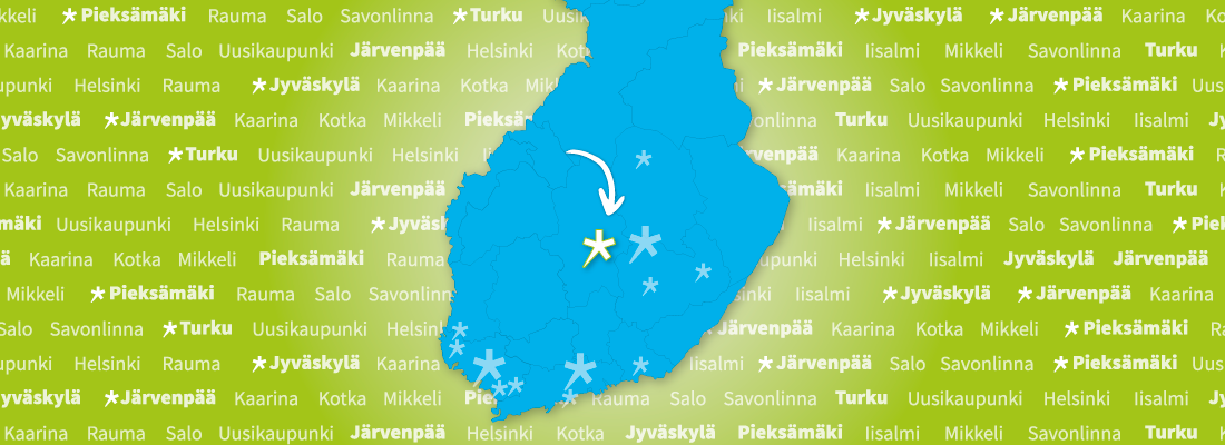 Jyväskylä korostettu Suomen kartalla, jossa kaikki Spesian toimipaikat.