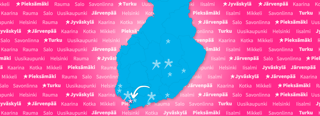 Kaarina korostettu Suomen kartalla, jossa kaikki Spesian toimipaikat.