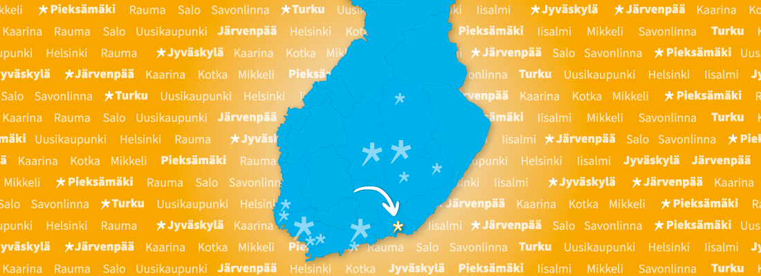 Kotka korostettu Suomen kartalla, jossa kaikki Spesian toimipaikat.