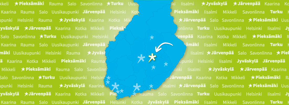 Pieksämäki korostettu Suomen kartalla, jossa kaikki Spesian toimipaikat.