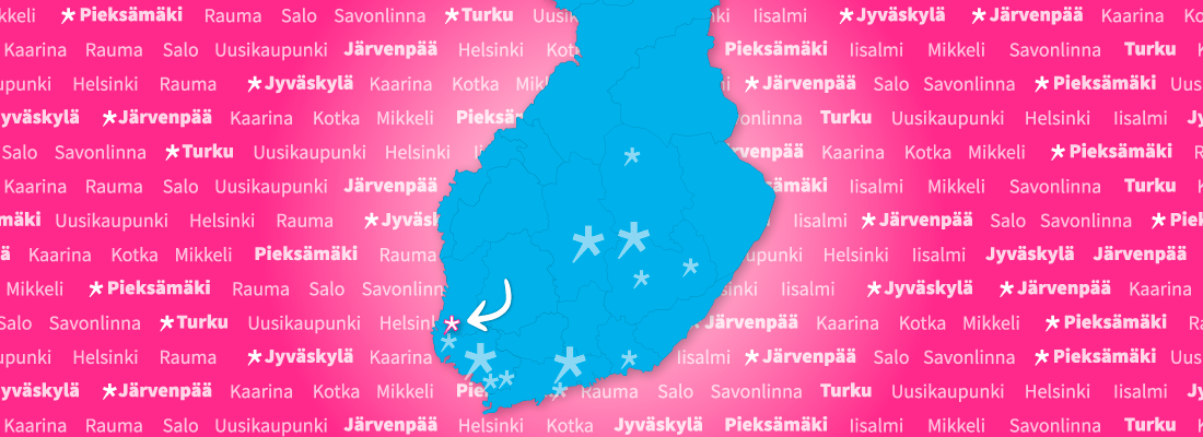 Rauma korostettu Suomen kartalla, jossa kaikki Spesian toimipaikat.