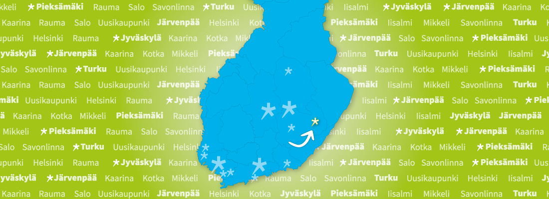 Turku korostettu Savonlinna kartalla, jossa kaikki Spesian toimipaikat.