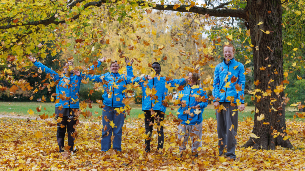 Viisi iloista opiskelijaa sinisissä takeissa syksyisessä puistossa, puista sataa runsaasti keltaisia lehtiä heidän päälleen.