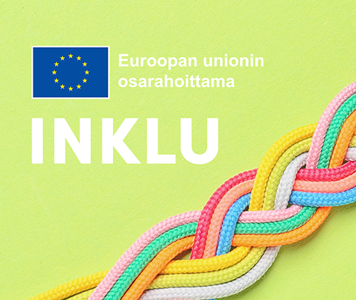 Erivärisistä naruista tehty lettipunos, jossa INKLU-teksti sekä EU-lippulogo + Euroopan unionin osarahoittama.