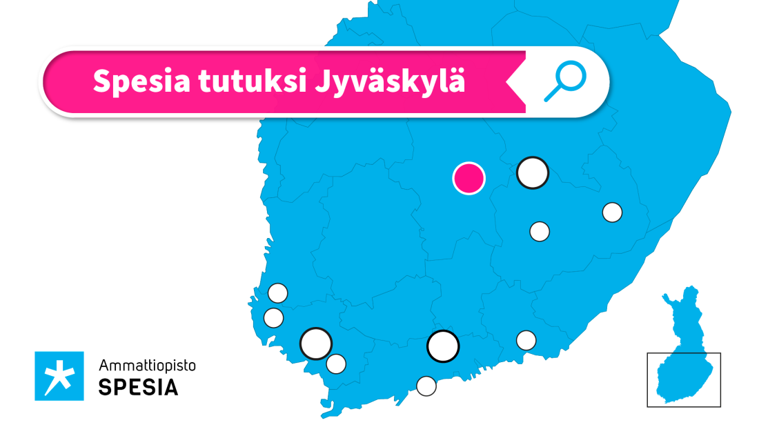 Jyväskylä merkattu Suomen kartalle sekä tekstinä tapahtuman otsikko "Spesia tutuksi Jyväskylä".
