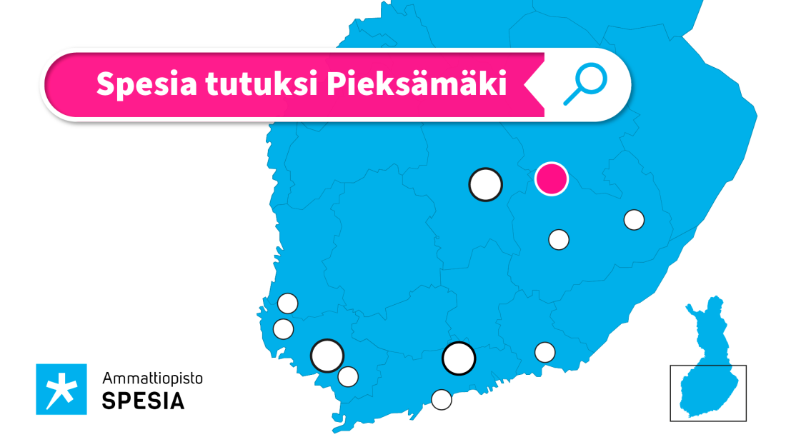 Pieksämäki merkattu Suomen kartalle sekä tekstinä tapahtuman otsikko "Spesia tutuksi Pieksämäki".