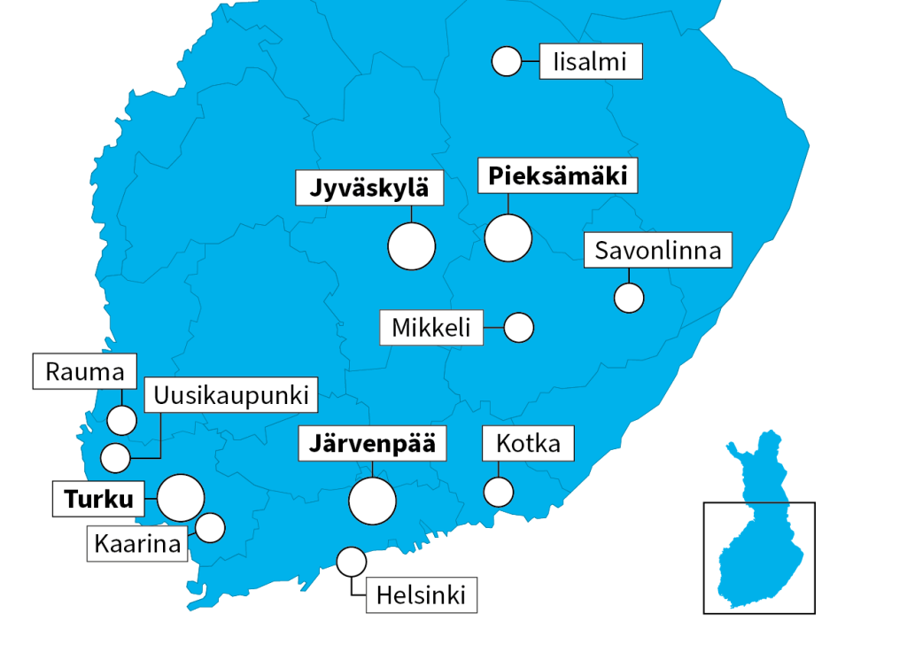 Map of Finland with Spesia's locations: Iisalmi, Jyväskylä, Pieksämäki, Savonlinna, Mikkeli, Rauma, Uusikaupunki, Turku, Kaarina, Järvenpää, Kotka and Helsinki.