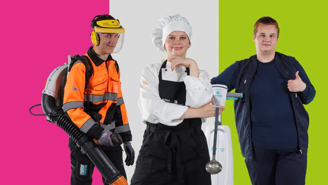 Kolme eri ammattialojen nuorta, taustanaan kolme eri väristä lohkoa.