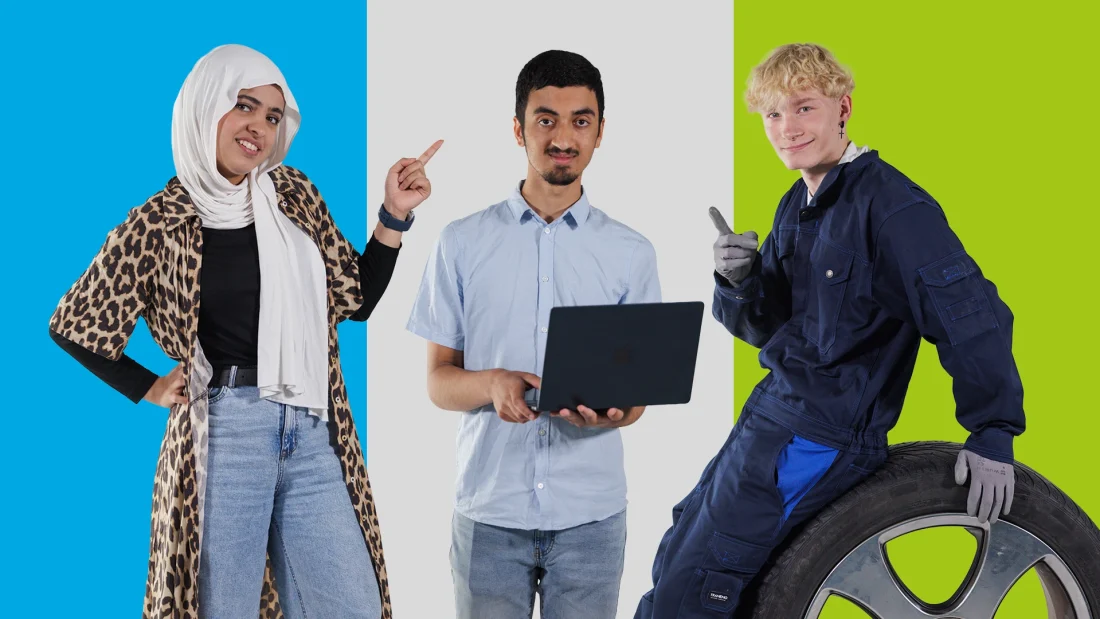 Kolme eri ammattialojen nuorta, taustanaan kolme eri väristä lohkoa.