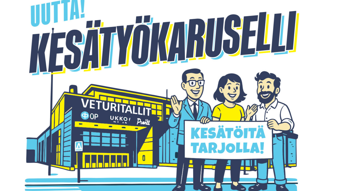 Kesätyökarusellin graafinen tapahtumakuva, jossa Veturitallit sekä ihmisiä pitelemässä kylttiä "Kesätöitä tarjolla".