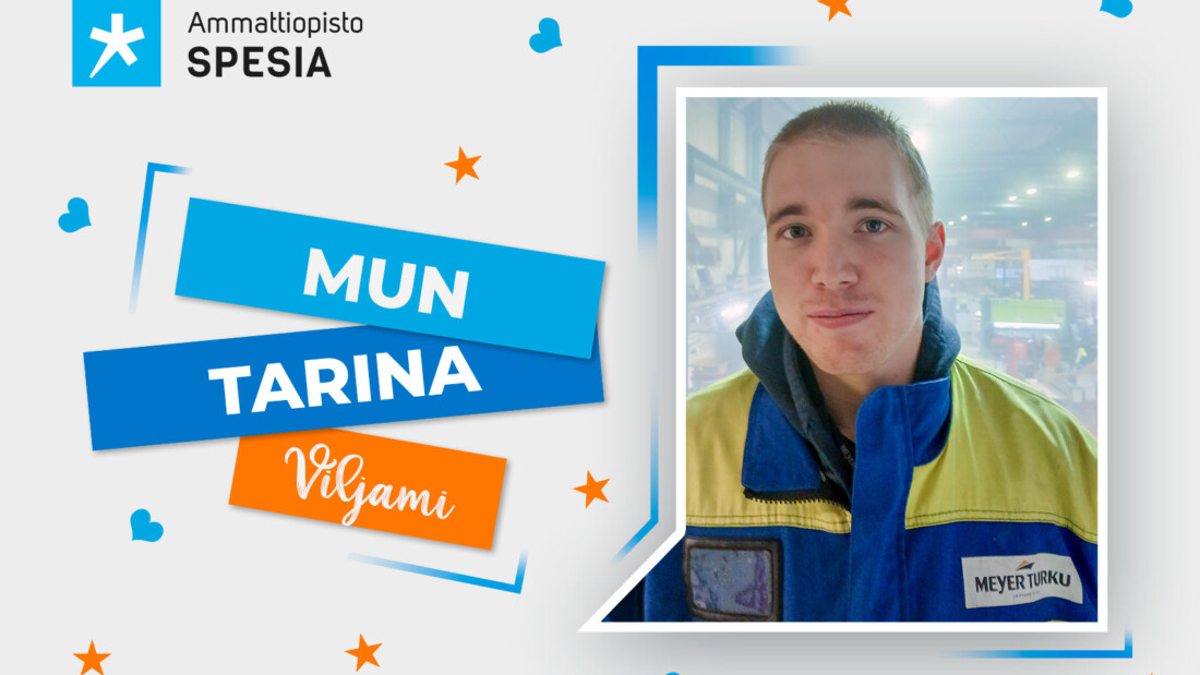 Nuori mies kelta-sinisissä työvaatteissa ja otsikko teksti "Mun tarina: Viljami".