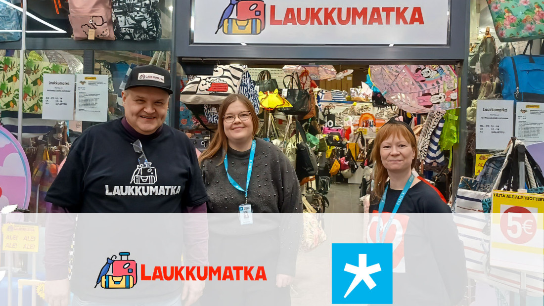 Kuvassa kolme henkilöä kaupassa. Ylhäällä lukee Laukkumatka.