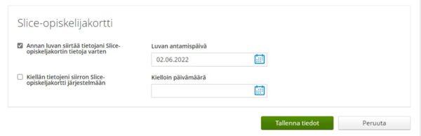 Wilma-lomakkeen kohdassa Slice-opiskelijakortti, on malliksi raksittu ensimmäinen kohta ja lisätty päivämäärä.