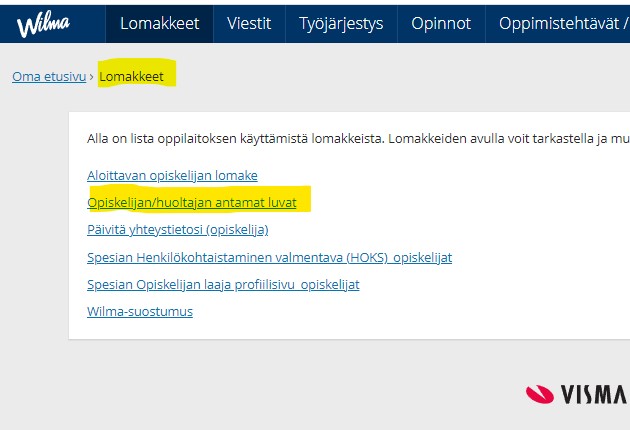 Wilmassa kolmen pisteestä avautuvassa valikossa Lomakkeet on listan lopussa.