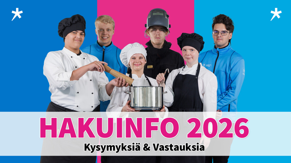 Joukko nuoria eri ammattien asuissa ja teksti "Hakuinfo 2026, Kysymyksiä ja vastauksia"